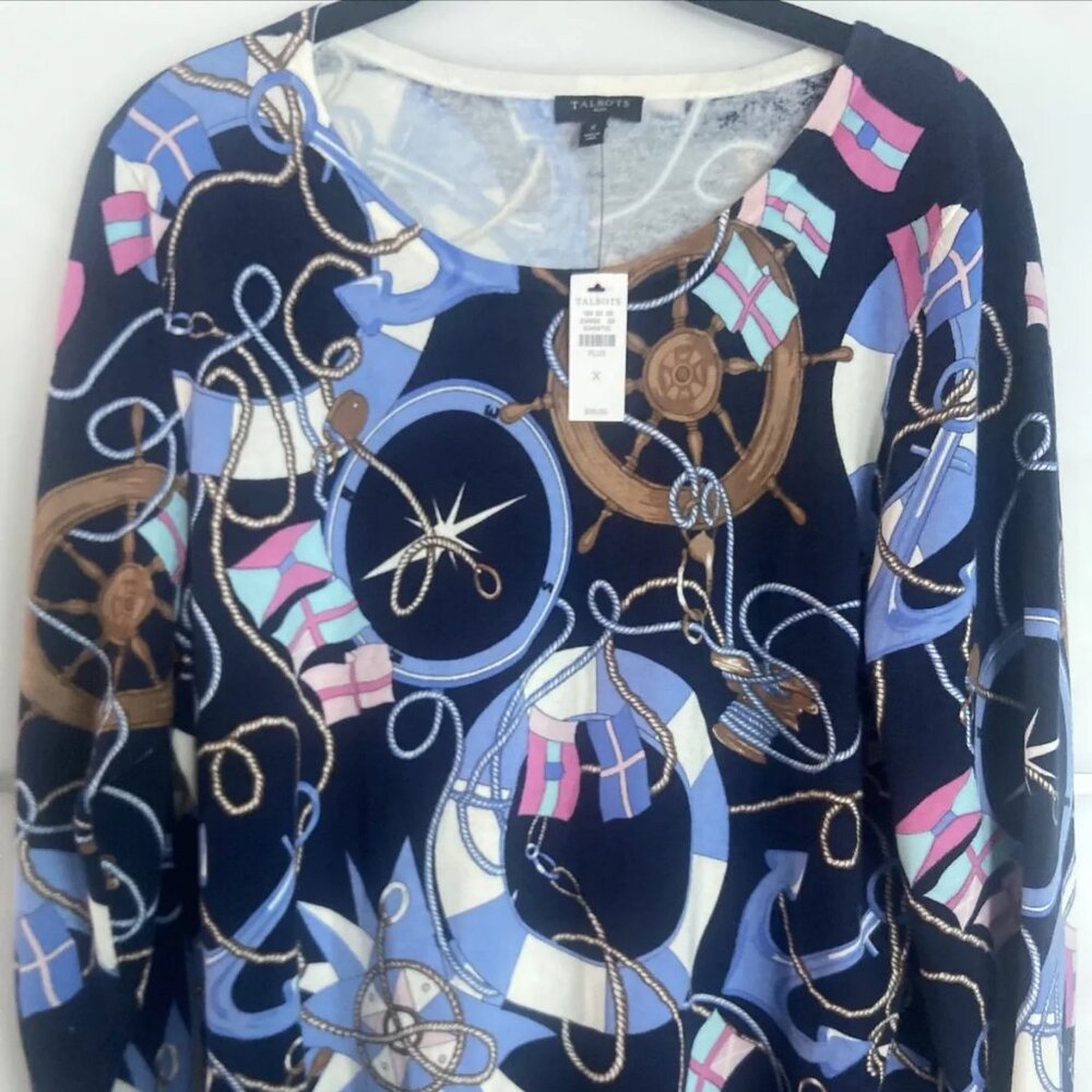 NWT Talbots Nautical Print Knit Cotton Blend X XL 14-16 Size Lightweight Sweater - Picture 3 of 12